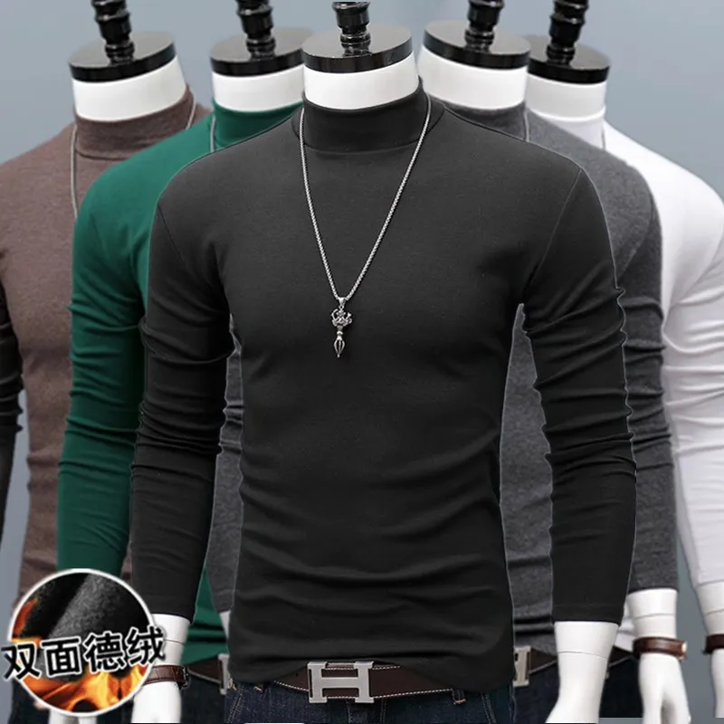 

Autumn and Winter Long Sleeved T-shirt, Men's Thermal Underwear, Semi High Neck with Fleece Base, Slim Fit for Wearing Outside