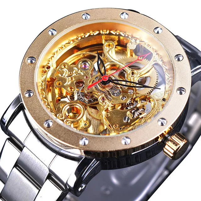 Fashion Forsining Top Brand Full Stainless Steel Luxury Golden Hollow Out Transparent Man Waterproof Automatic Mechanical Watch