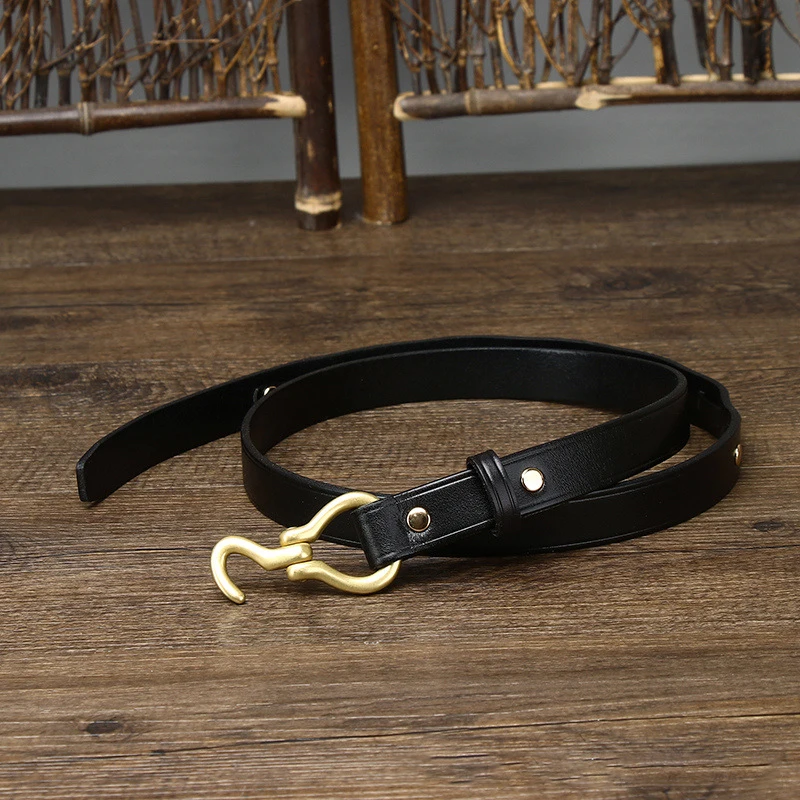 

New Slim And Narrow 2cm Waist Belt Korean Version Women's High-Quality Copper Hook Buckle Head Cowhide Luxury Casual Pants Belt