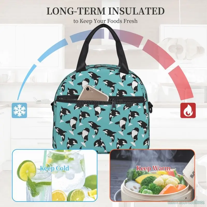 Killer Whale Orca Insulated Lunch Bag Cute Cartoon Animal Bento Tote Bag for Kids Adults Thermal Lunch Box for School Office