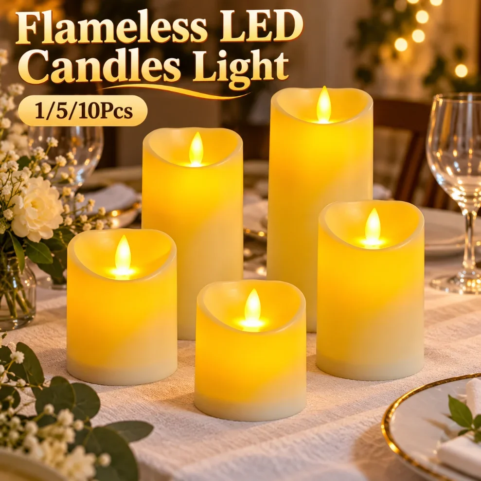 1/5/10Pcs Flameless LED Pillar Candles Light Realistic Flickering Flame Battery Powered Electronic Candle for Home Party Decor