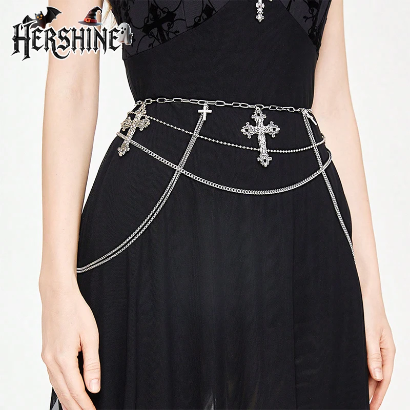 HERSHINE Women's Silver Fashion Cross Chain Tassel Waist Chain, Y2K Gothic Punk Harajuku Street Rock Hip Hop Style，spring，summer