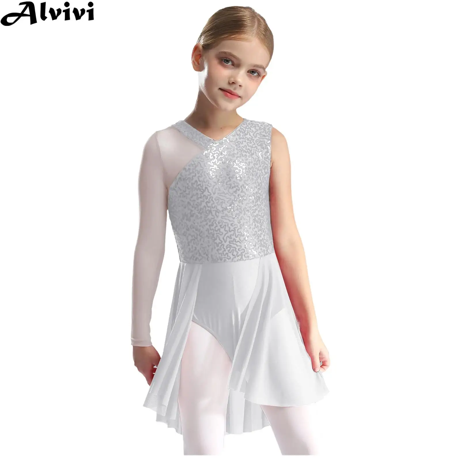 Kids Girls Figure Skating Dress Lyrical Dance Ballet Gymnastics Acrobatics Costume Long Sleeve Sequins Mesh Bodysuit dancewear