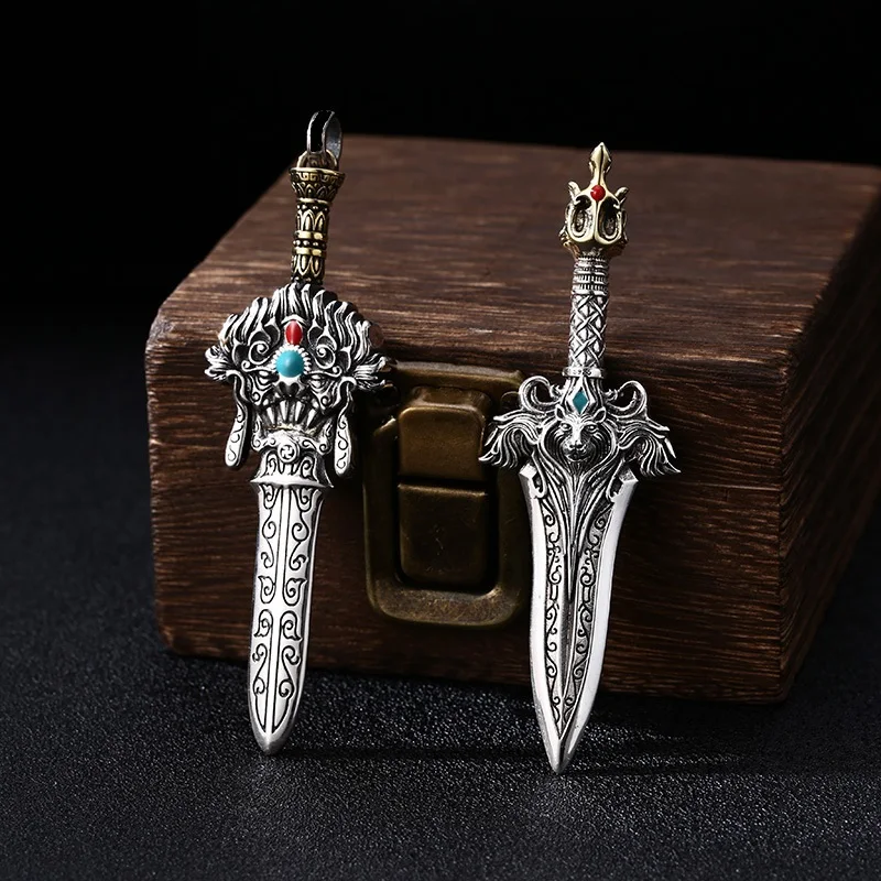 S925 Sterling Silver Sword Pendant Black Color Old Process Tiger Relief Drop Oil Design Unisex Fine Jewelry FYNE376