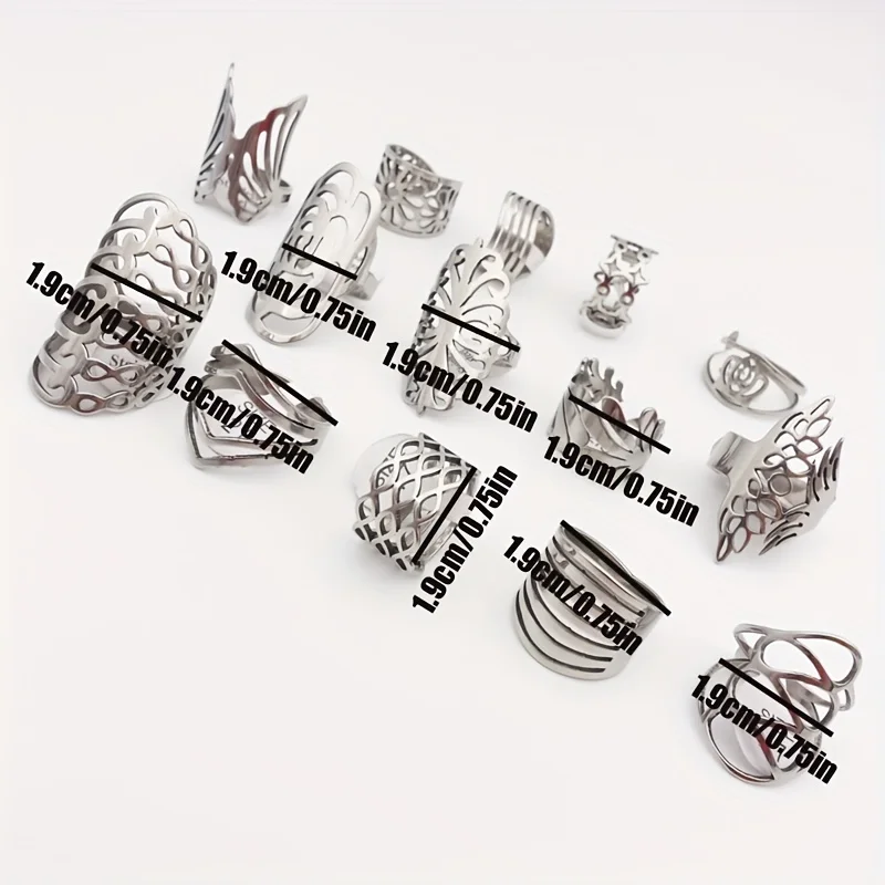 20pcs Stylish Stainless Steel Rings Set Vintage Geometric Hollowed Out Rings Classic Silver Rings Men's Women's Dating Wedding