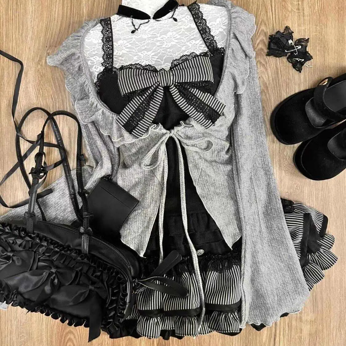 اليابانية الحلو لوليتا تنورة مجموعة النساء الدانتيل المرقعة القوس القمم + منقوشة تنورة صغيرة ملابس أنيقة 2 قطعة مجموعة Y2K النساء الملابس