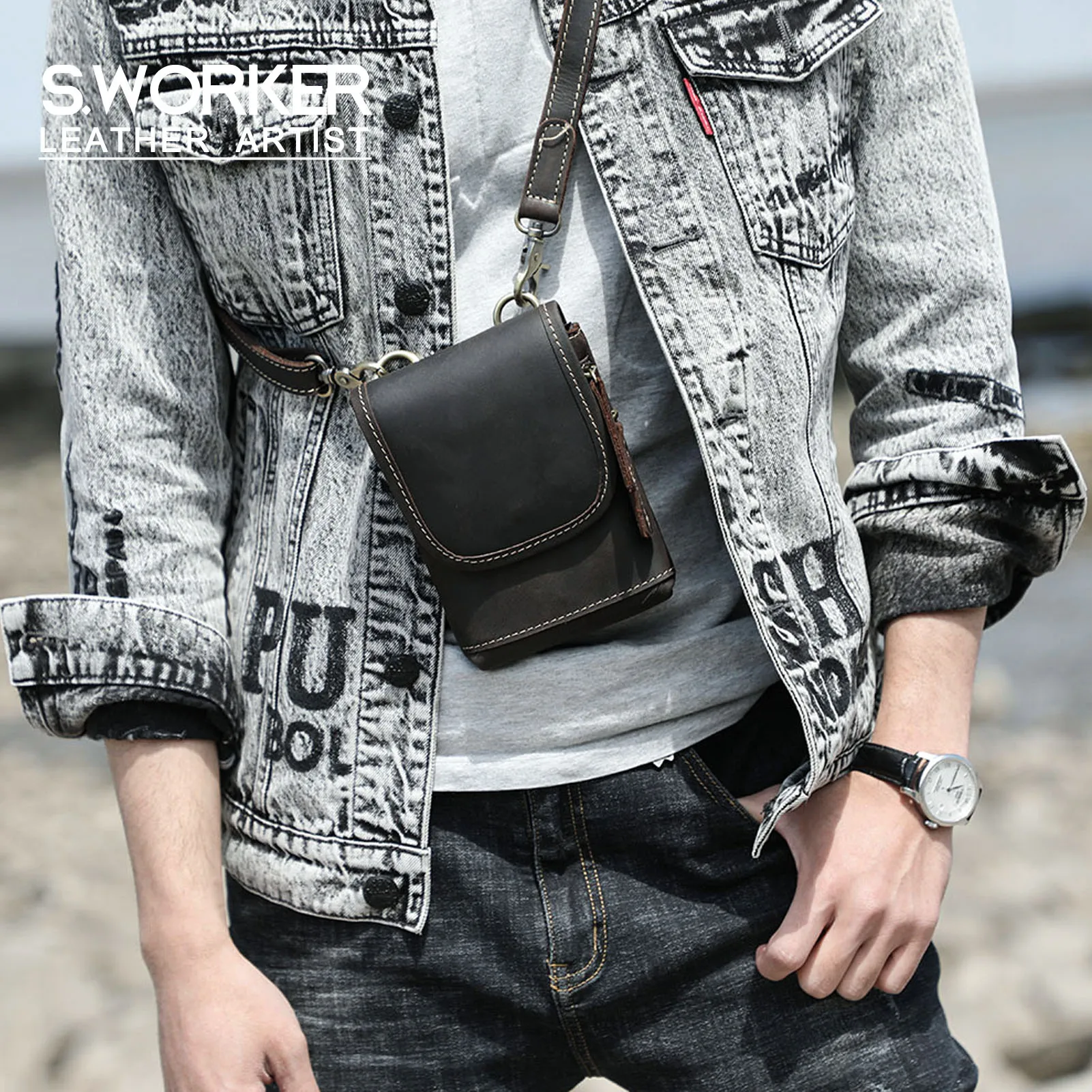 Hochwertige Echtleder-Brusttasche für Herren, Vintage Vollnarbenleder-Umhängetasche, Sling Bag, Tagesrucksack, Mini-Handytasche – Detail 2