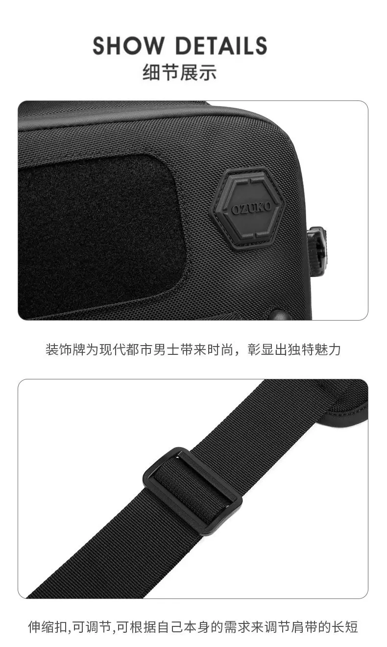 OZUKO Umhängetasche für Herren, Brusttasche, wasserdicht, taktische Taille, Umhängetasche, Reißverschluss, modisch, Outdoor-Sport, großes Fassungsvermögen, Schwarz – Detail 20