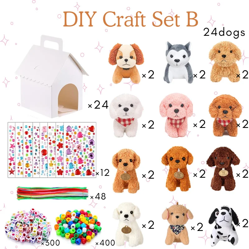12-36 Sets DIY Adopteer Een Puppy Party Favoren Maak Je Eigen Knuffeldier Adopteer Mij Speelgoed Kraal Huisdieren Kit met Hondenhuis Kraal Ketting