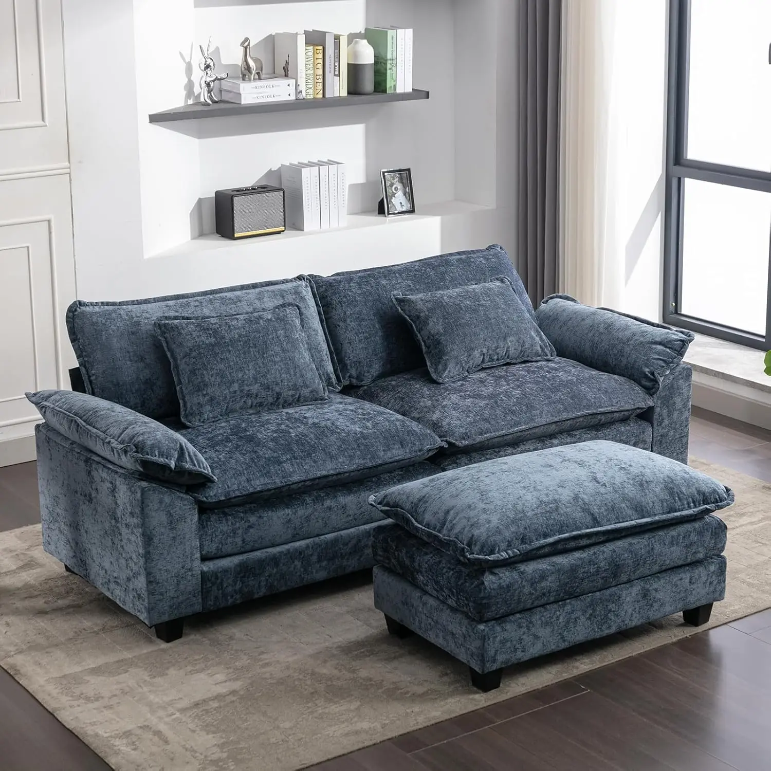Sofá Seccional Cloud Couch de 82.6 Pulgadas, Sofá Moderno de 2 Plazas Tapizado en Chenilla, con Otomana, 2 Cojines Lumbares, Profundo, Personalizado