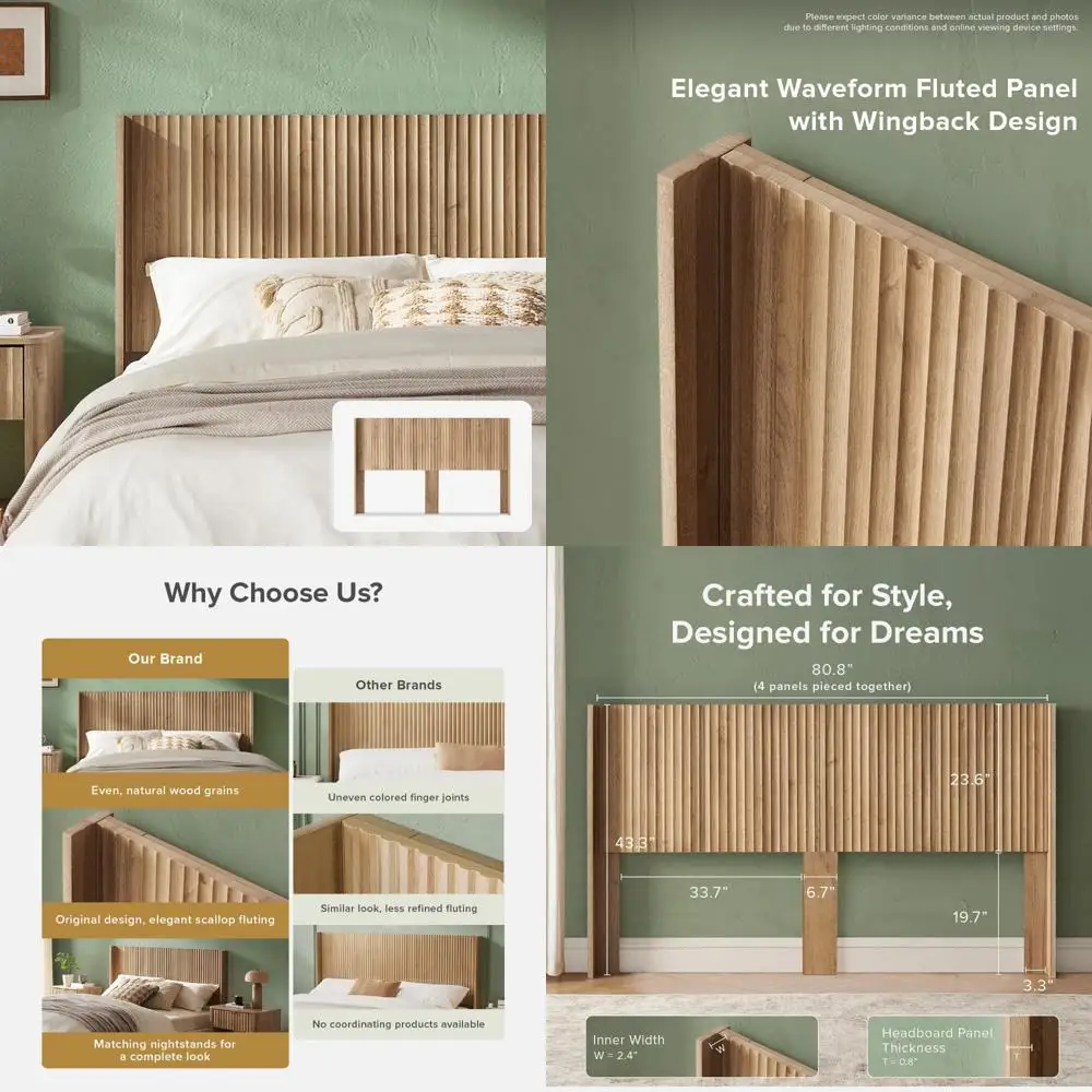 Mopio Brooklyn 80.8 Wood Headboard - Modern Farmhouse Style, Bohemian Flair, Wall Mounted, Fluted Panel, Wingback Design in Gold