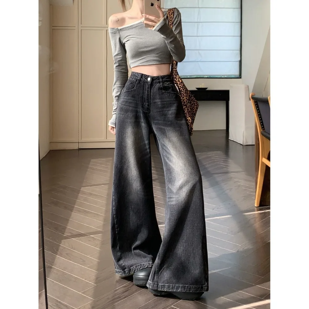 

Ladies Chic Streetwear Denim Jeans Wide Leg Pants Washed Casual High Waist Straight Jeans Gradients Korean Women Spring Vintage