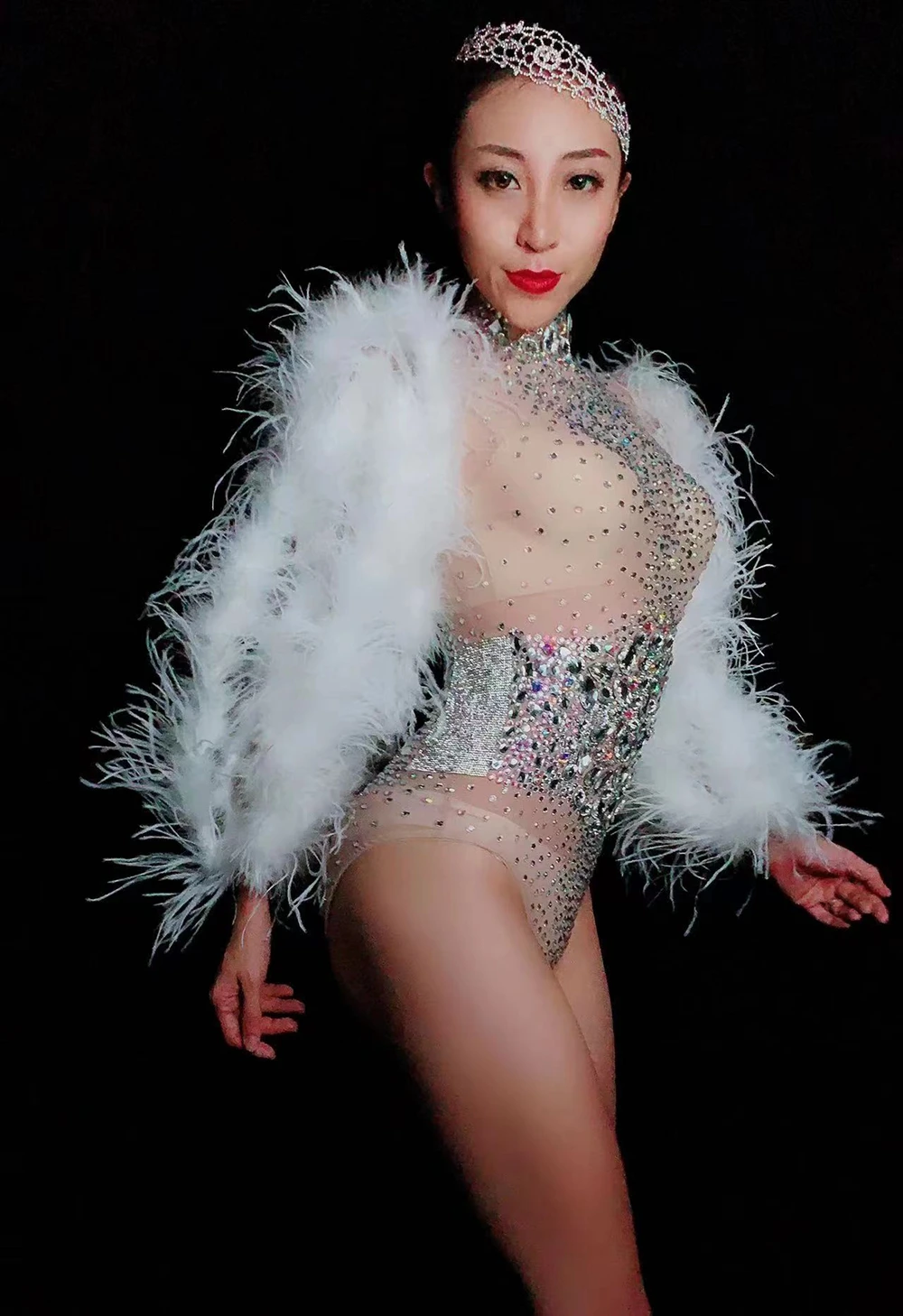 Sparkly Rhinestones Feathers Sleeves Leotard Sexy Mesh Transparent Dance Bodysuit Women Singer Dancer Stage Performance Costume