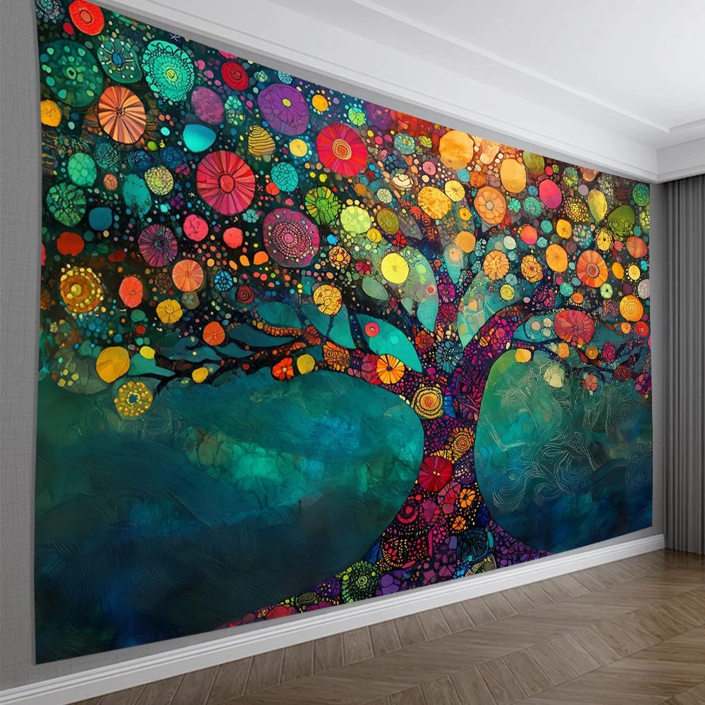 Tapisserie murale d'arbre de vie cosmique vibrant pour décoration de salon, doté d'un design artistique fascinant avec deux interconnexions