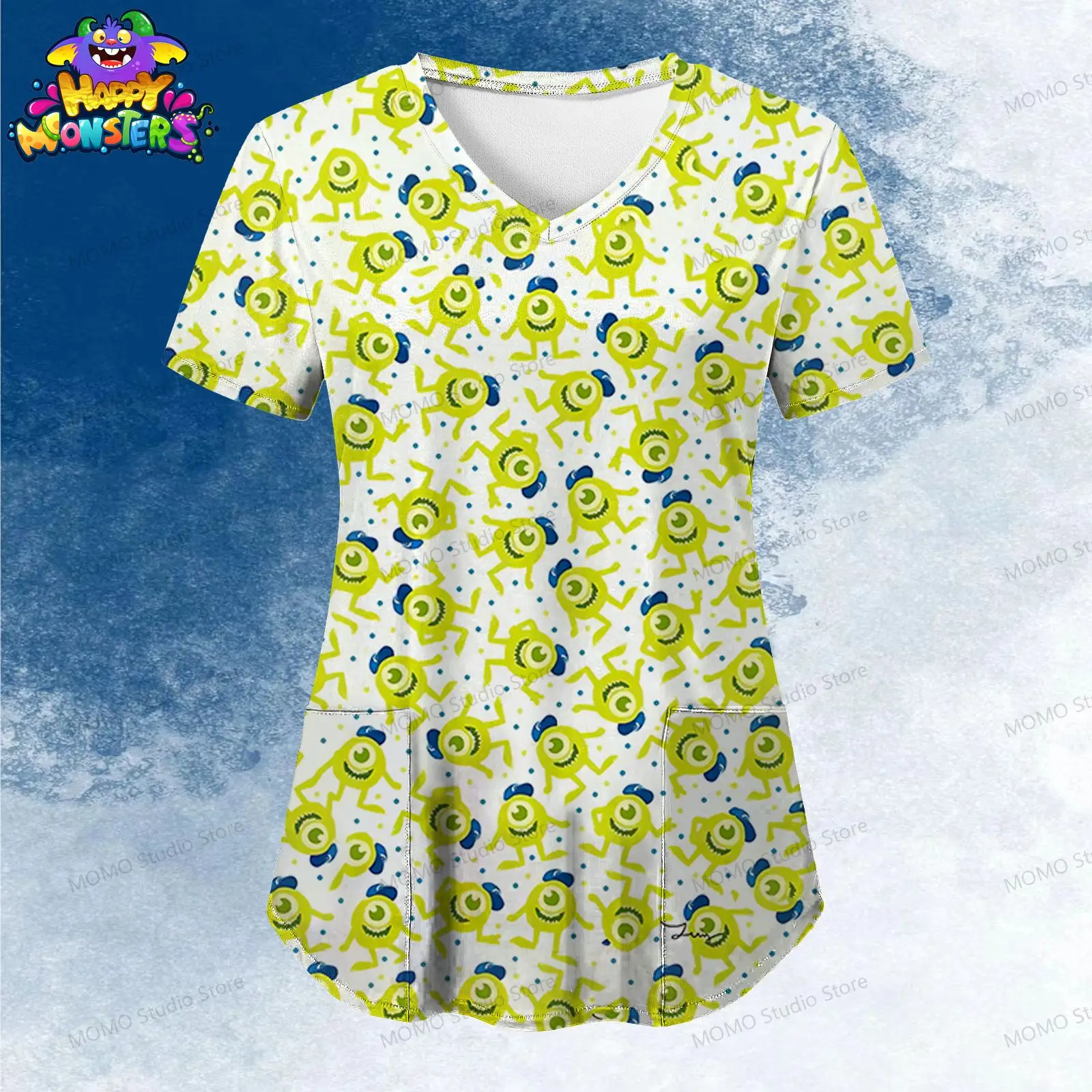 

Pocket Women's V Neck Nurse Uniform T-Shirt Disney Monsters Inc. Tops Leisure Summer Woman Clothes 2024 Y2k Kawaii S-2XL 2024