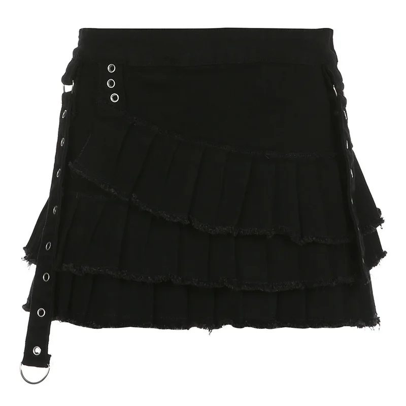 

Denim Skirt Goth Punk Y2K Millennium Pleats Stitching High Waist A-LINE Skirt Women Black Design Miniskirt