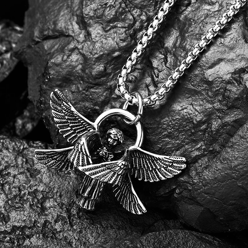 Retro Stainless Steel Seraph Pendant Necklace Men's Fashion Motorcycle Punk Hip Hop Party Men's Necklace Chain Jewelry Wholesale