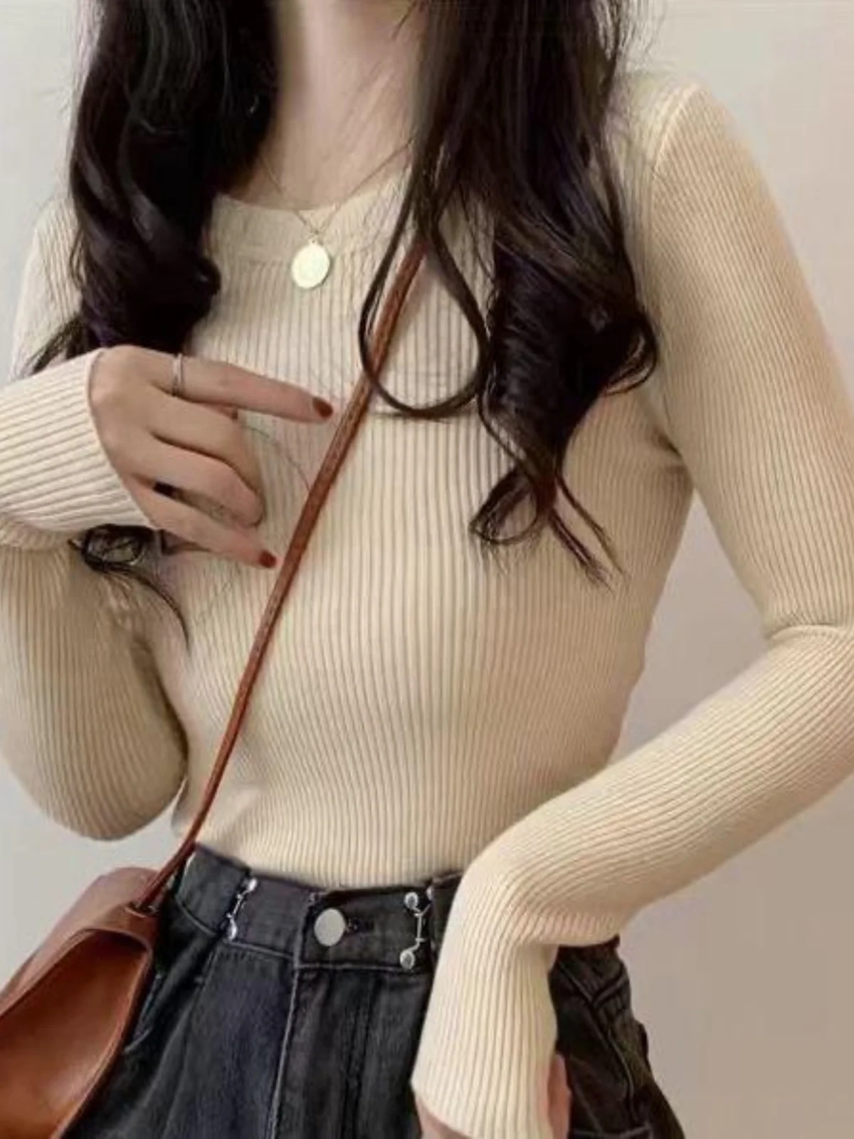

Trendy round Neck Long Sleeve Base Shirt Women's Slim Fit Knitted Sweater Inner Wear Commute Style Korean Version Base Top