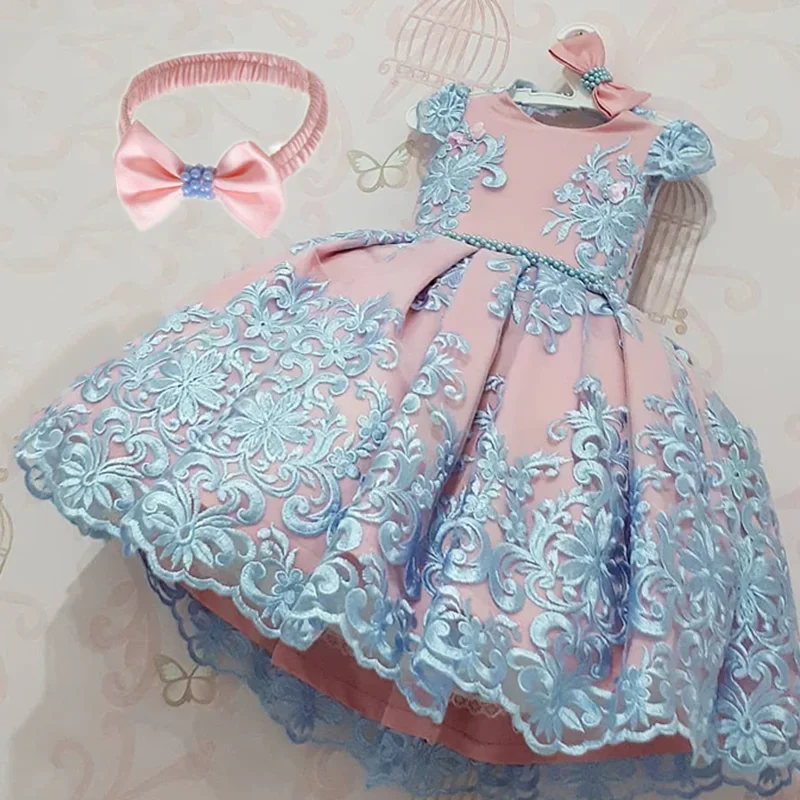 2024 Newborn Baby Girls Dress Flower Lace Vintage Girl Dresses Banquet Birthday Party Tutu Gown Infant Snow White Princess Dress