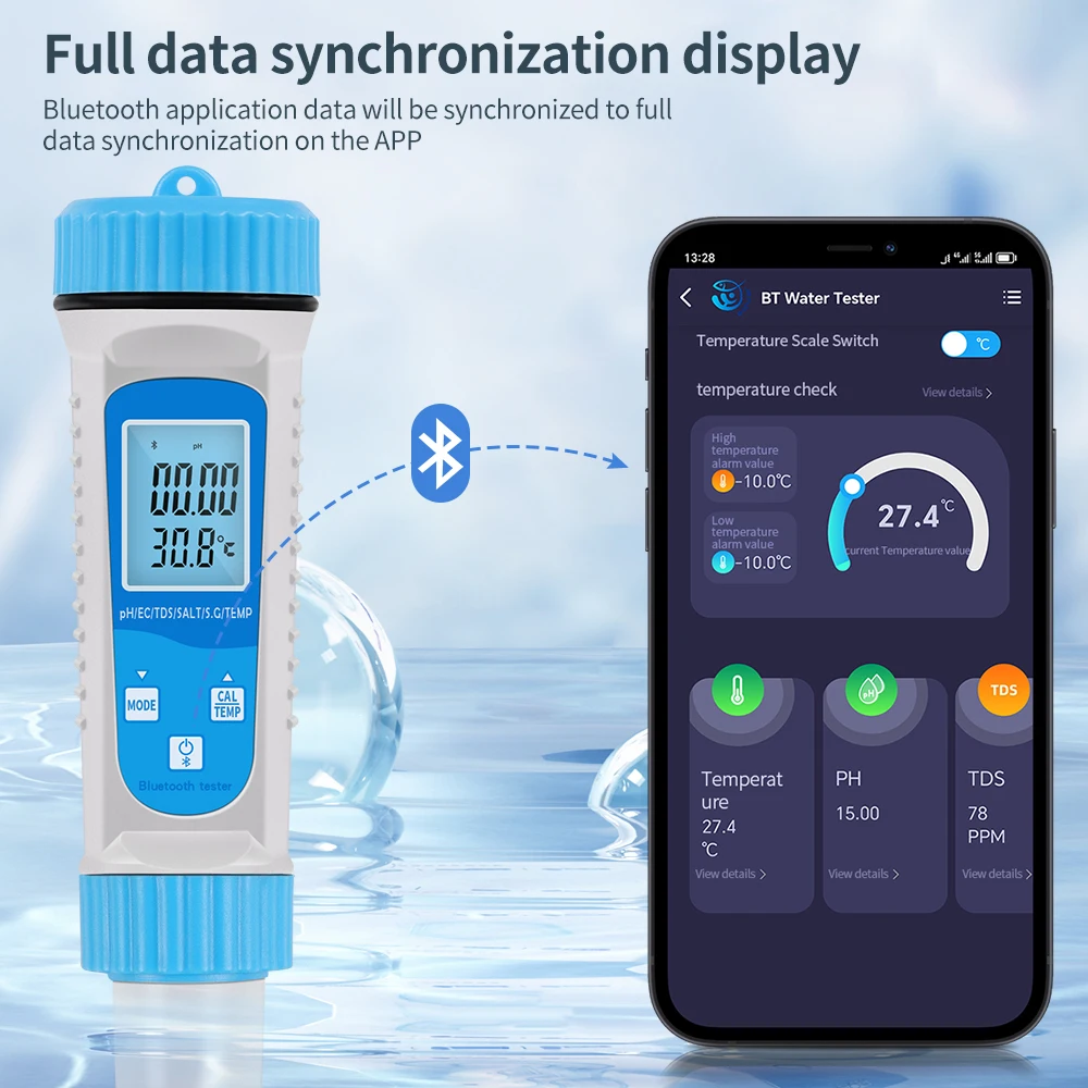 Professional 6 in 1 Water Quality Tester PH/EC/TDS/Salinity/S.G/Temp Smart Bluetooth APP Control High Accuracy Detector