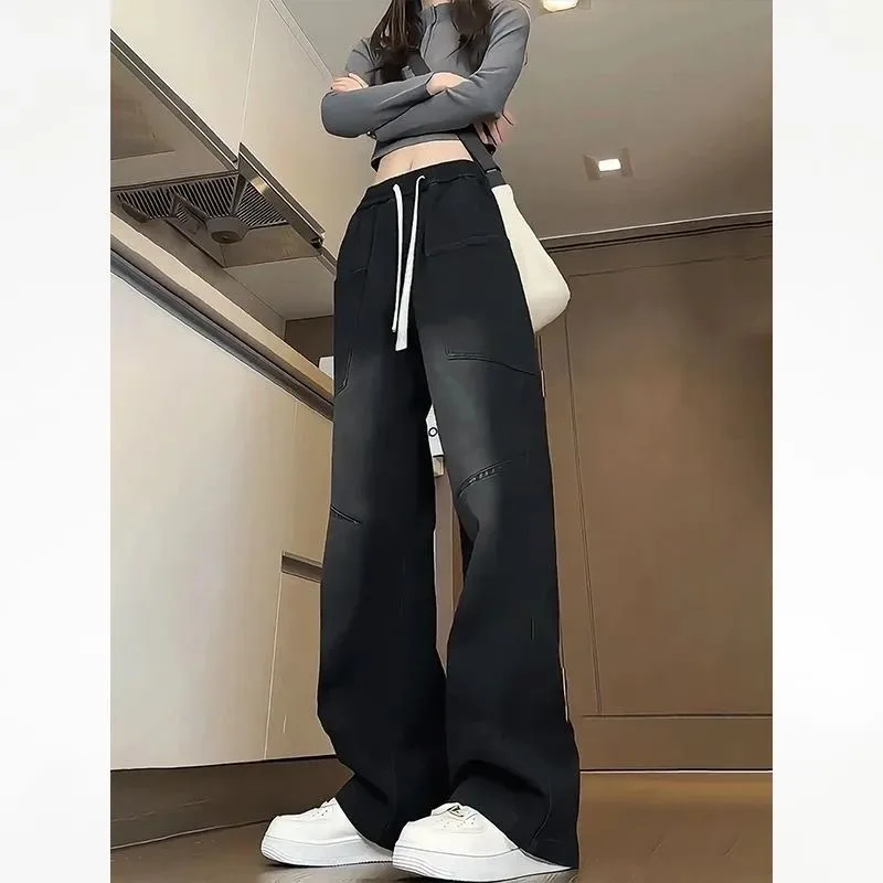 بنطال ذو قصة أرجل واسعة غير منتظم للنساء للخريف بطبقات مزدوجة على شكل حرف a للكلية مرقعة محبوكة منقوشة مبطنة من قماش الجاكار للسيدات