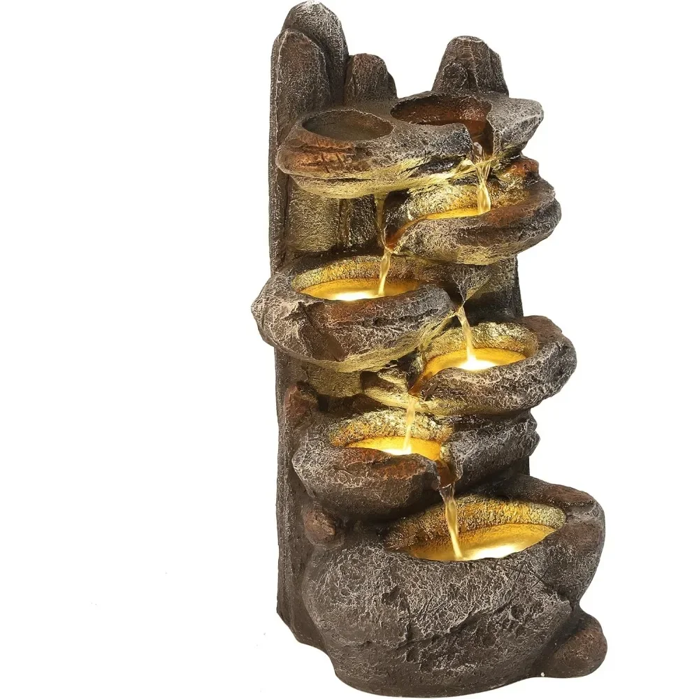 

6-Tier Cascading Rock Water Fountain with Lights, Outdoor Garden Waterfall for Patio, Backyard, Indoor Decor Solution