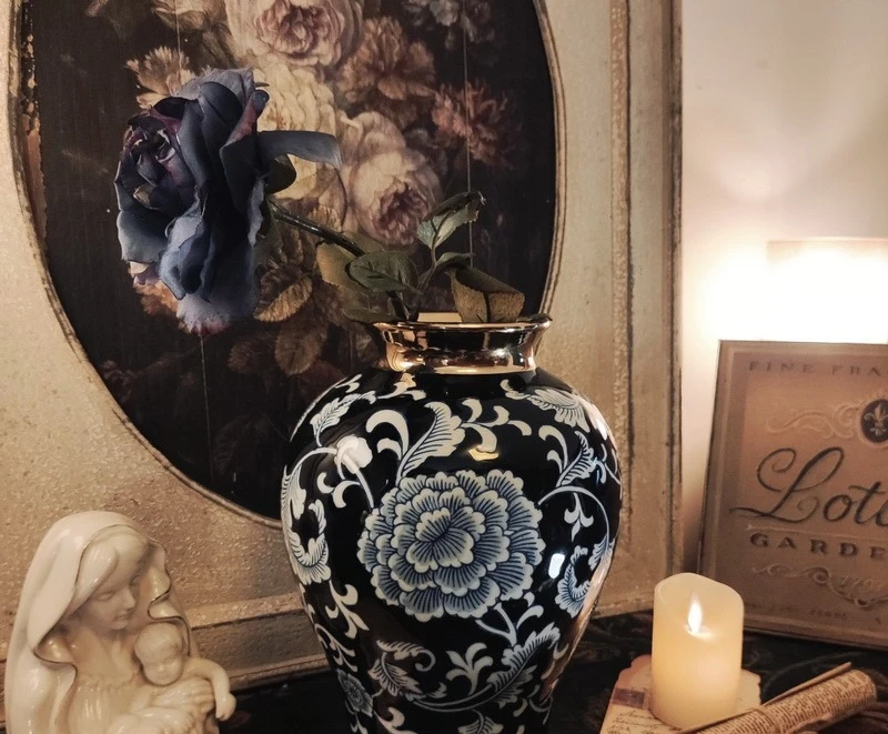 Neoclassical French blue and white porcelain gold-plated vase