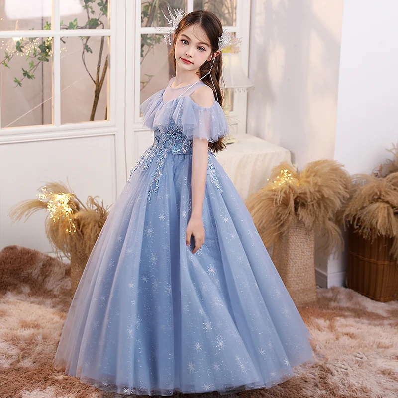 Girls dress round neck floor length sky blue mesh tulle skirt bridesmaid dress New Year's Day dress