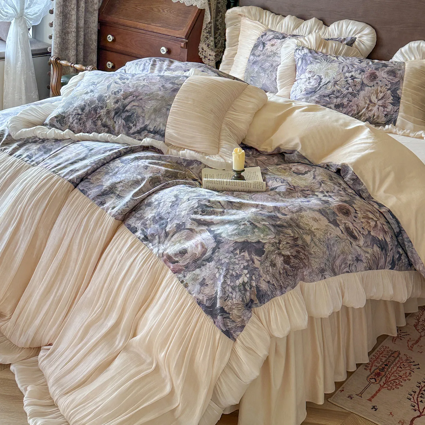 

Vintage French Pastoral Cotton Bedding Set Bed Skirt Edition Glass Yarn Ruffle Elegant Princess High End Bedroom Bed Linens