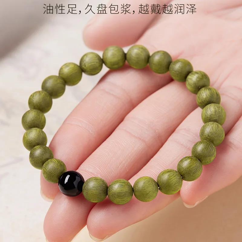 Chinese Natural Old Green Sandalwood Handstring Bracelet With Obsidian Red Agate Beads Lucky Wealth Blessing Auspicious Unisex