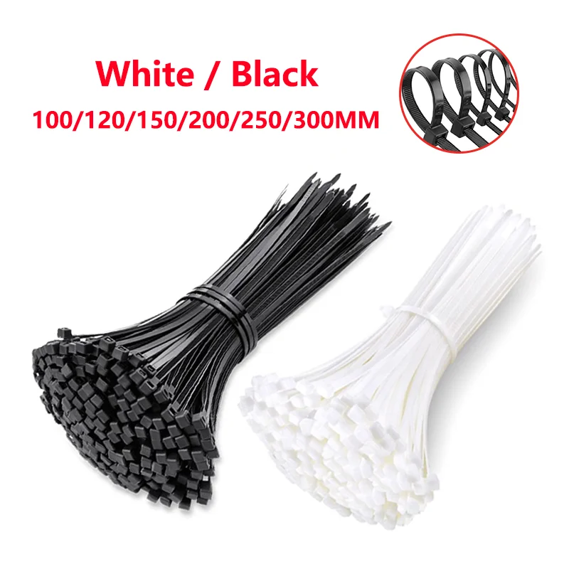 

1000Pcs Self-locking Plastic Nylon Cable Tie White/Black Fastening Ring 5X300mm 3X200mm Cable Tie Zip Wraps Strap Tie