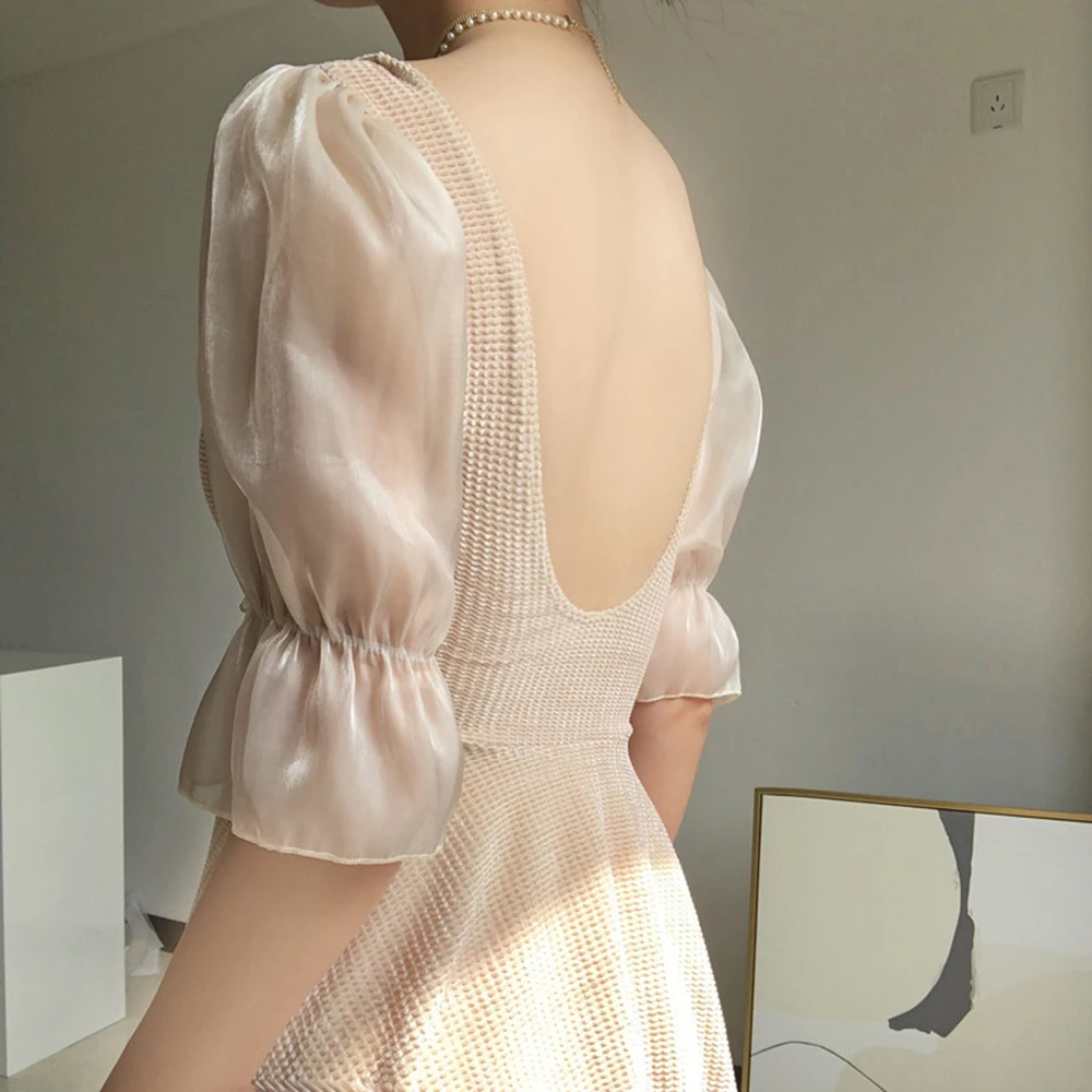 Apricot Puff Sleeve Mini Dress Culottes Korean Swimwear Bikini Mesh Edge Swimsuit Conservative Backless Bathing Suit Beachwear