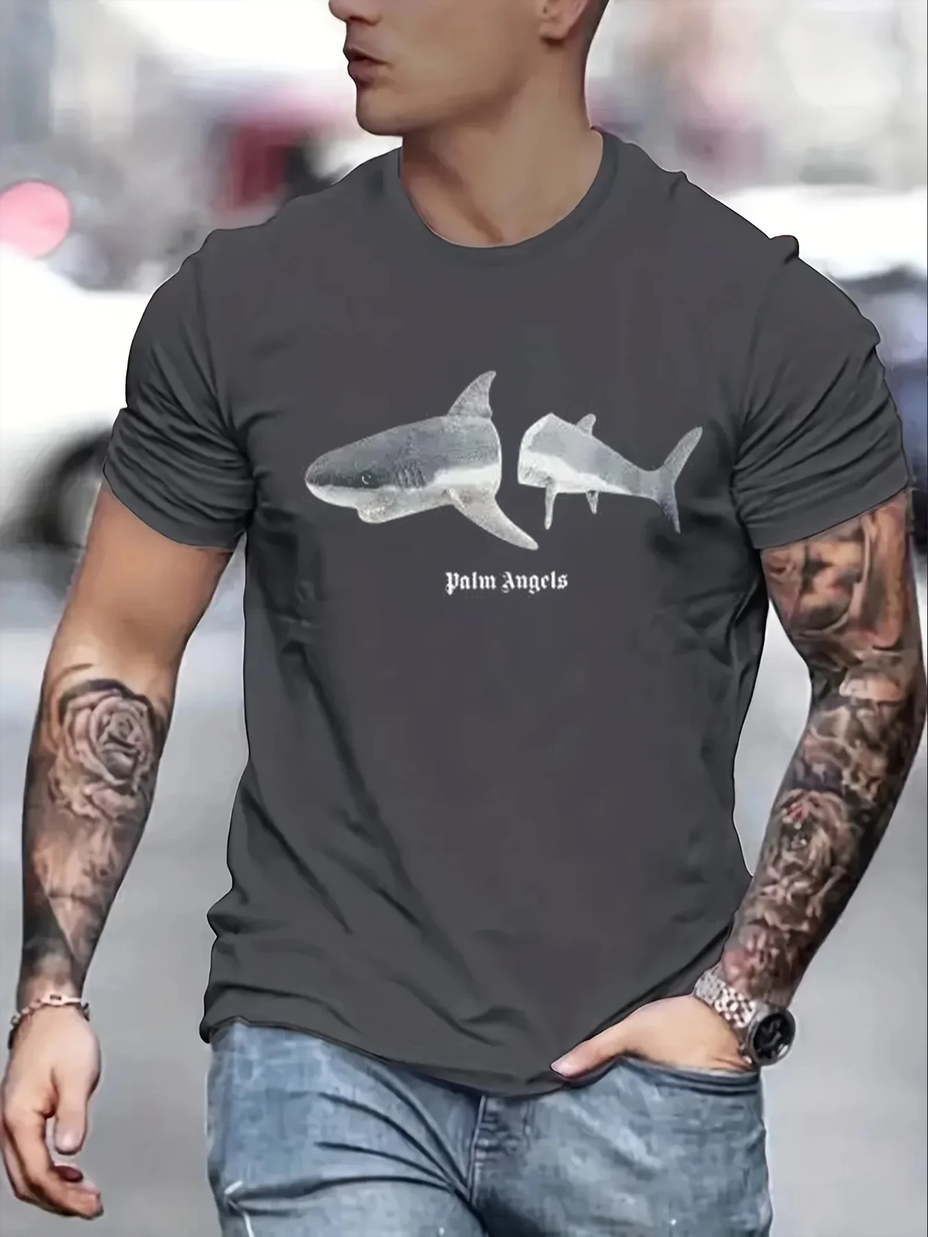 Short Sleeved T-Shirt Fun Cartoon Shark Design New T-Shirt o-Neck Black White Harajuku Men Tee Tops Cotton Fashion Clothing