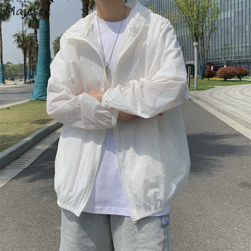 

Simple Men Jackets Sunscreen Ulzzang Summer Breathable Thin Pure Color Hooded Zip-Up Teens Trendy Clothing Baggy Hot Sale Casual