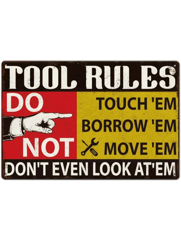 Wall Decor Metal Tin Sign 12x8 Inch Tool Rules Don't Garage Decor Garage Sign Vintage Wall Art Decorations with 4 Pre-Drilled Holes for Bar Home Garage Wall Decor