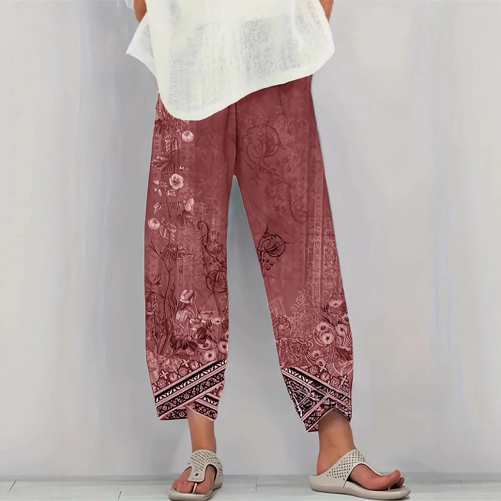 

2025 Plus Size Womens Pants Loose Fit Floral Print Casual Elastic Waist Wide Leg Trousers Comfortable Fashion