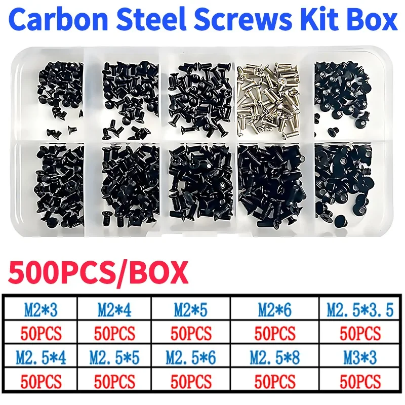 500pcs/box M2 M2.5 M3 Carbon Steel Screws Flat Head Phillips Machine Laptop Notebook Set Kit Computer Small Black Bolts