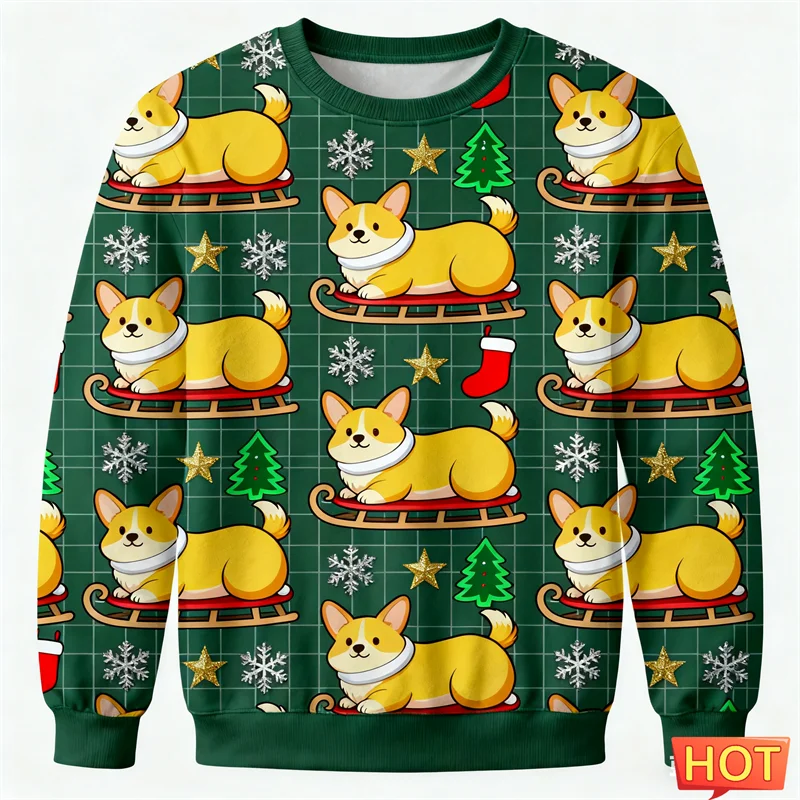 لطيف فصيل كورجي الرسم القبيح عيد الميلاد سترة للرجال العصرية عطلة ارتداء الكلب ثلاثية الأبعاد المطبوعة بلوزات عادية المتضخم البلوفرات القمم