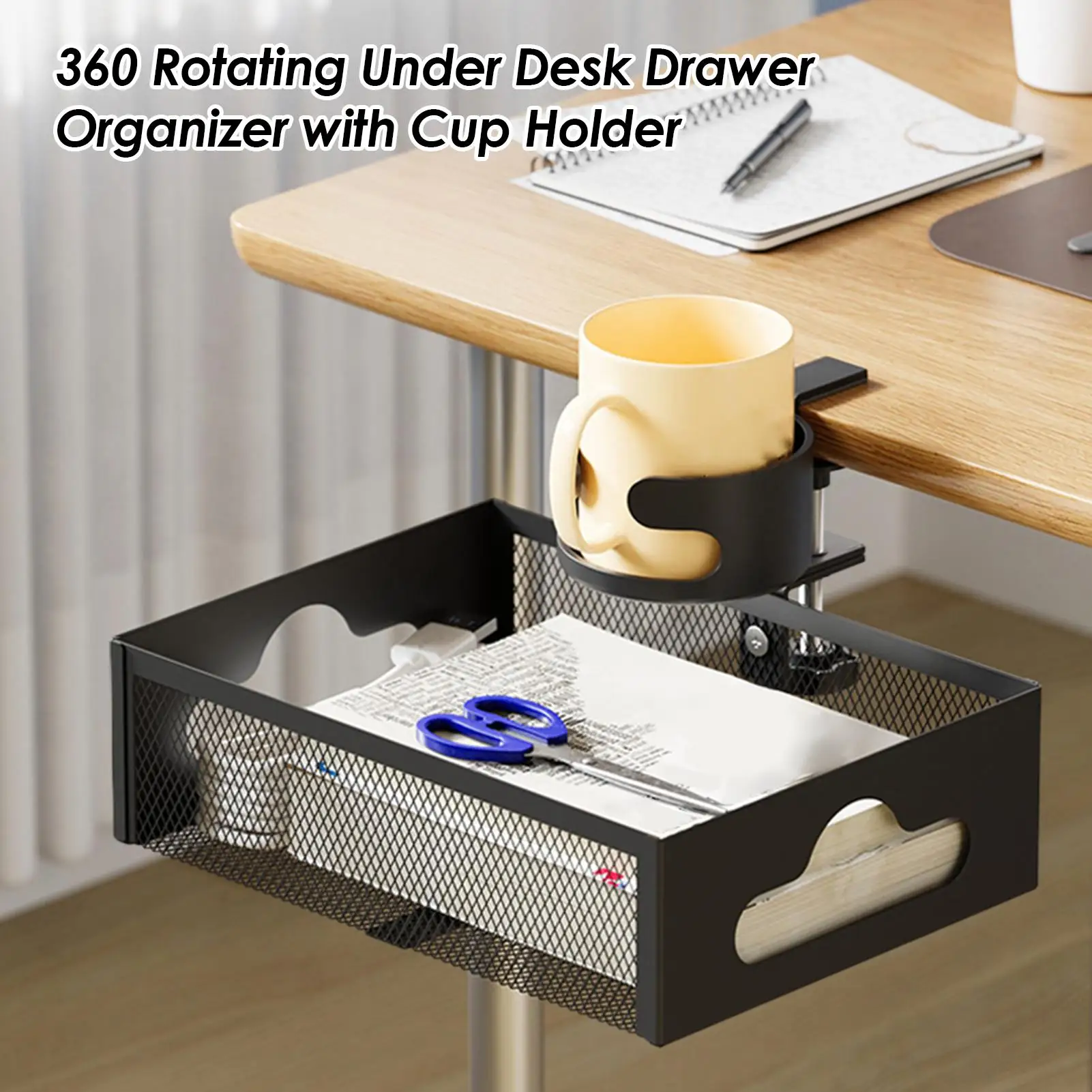 

Under Desk Organizer 360 Degree Rotating Clamp-On Tray Rotating Desktop Stationery Shelf for Phones Water Bottles Headphones
