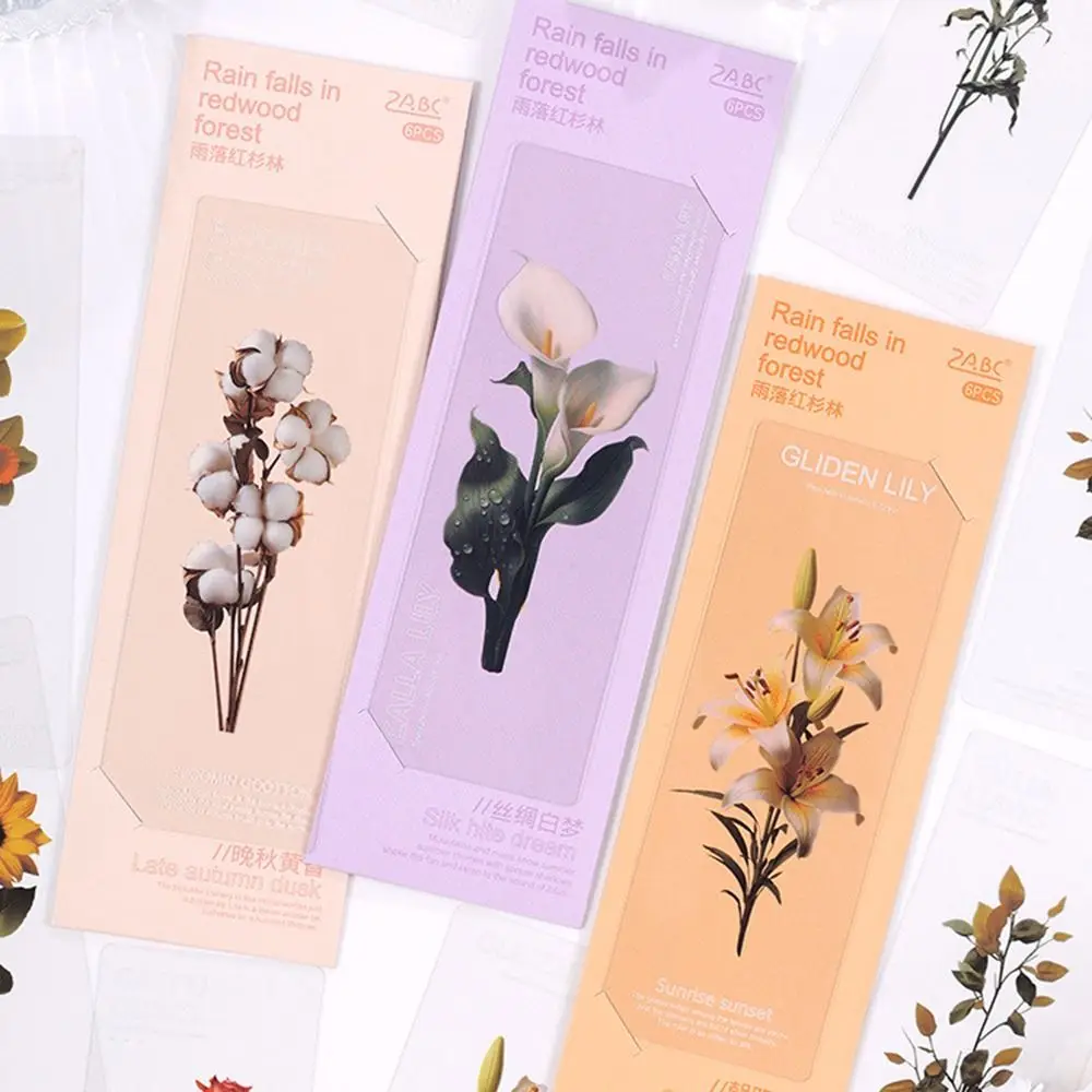

6 pcs/pack Cute Flower Series Bookmarks Originality Retro PET Book Mark Natural Plants Transparent Pet Flower Leaves Bookmarks