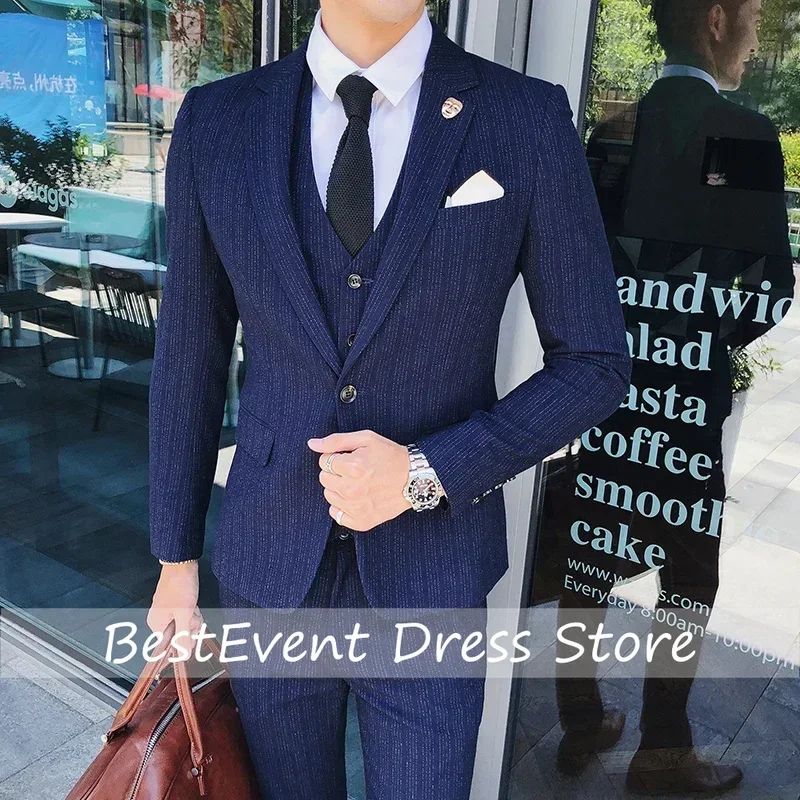 

Blue Men Classic Striped Checked Suits Asian Size Slim Fit Business Office 3-Piece Sets Black Gray and Red Available Customized
