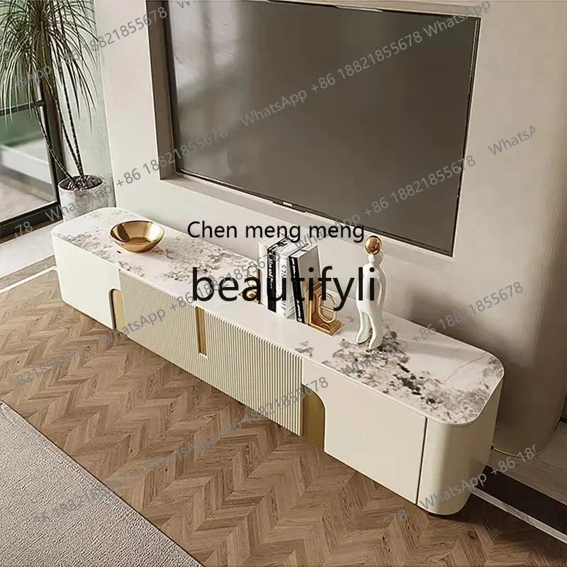 32A Light Luxury Rock Plate TV Cabinet and Tea Table Combination Living Room Stainless Steel Storage Italian Floor Cabinet