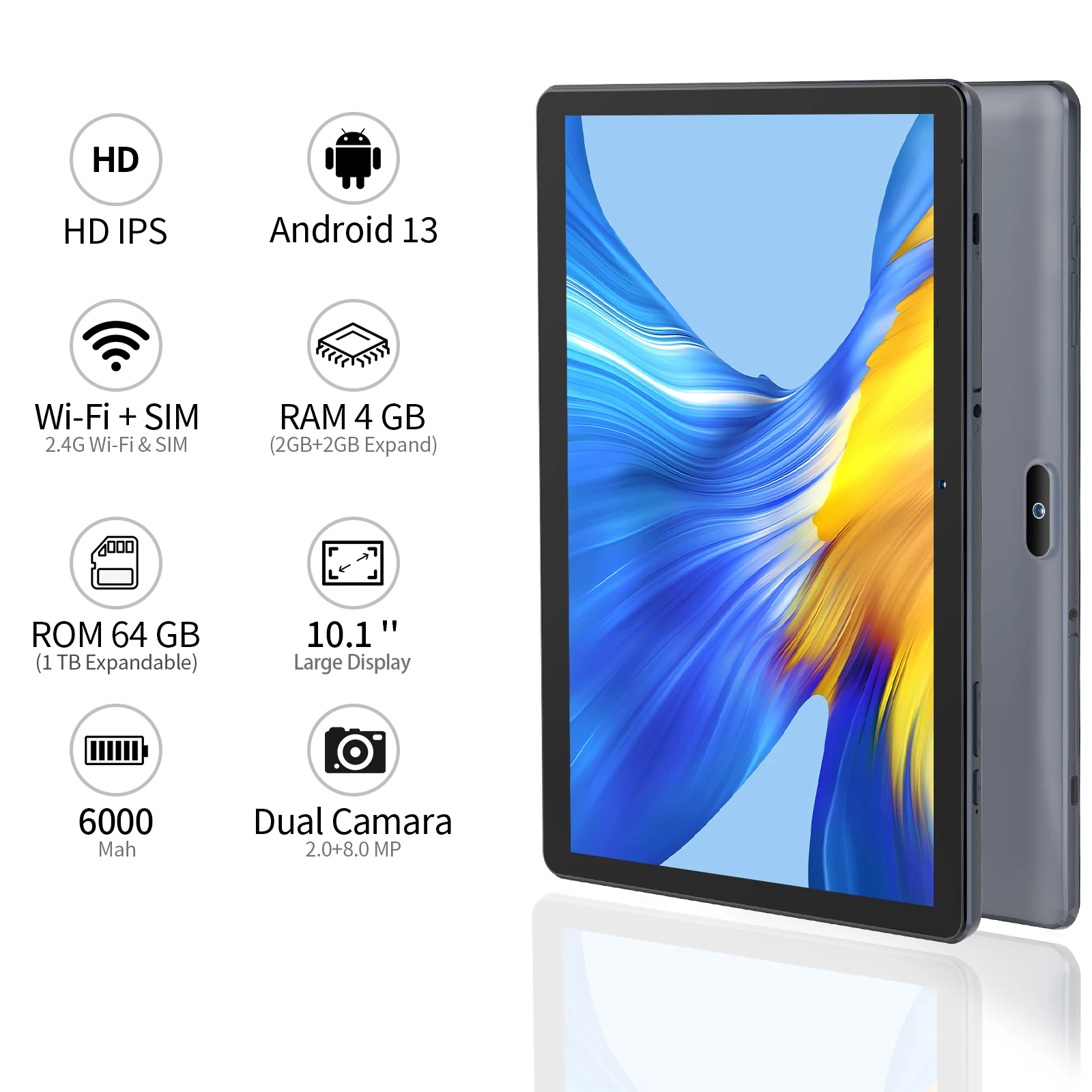 PRITOM 10.1 Inch Tablet PC with 3G SIM Slot Android 13 64 GB Quad Core Touch Screen WiFi