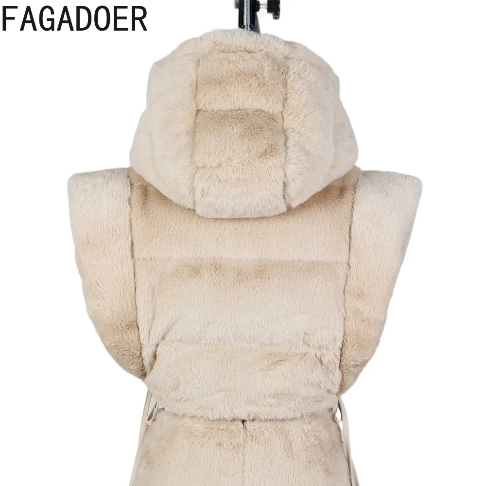 FAGADOER Winter Fur Hooded Thick Crop Jackets Women Zipper Sleeveless Hoody Coats Casual Female Solid Matching Tops Streetwear