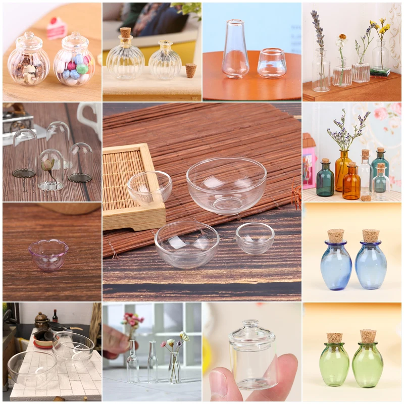 1:12 Miniature Dollhouse Glass Bottle Simulation Bowl Cup Candy Jar Furniture Scene Toy Pretend Play Dollhouse Kitchen Accessory