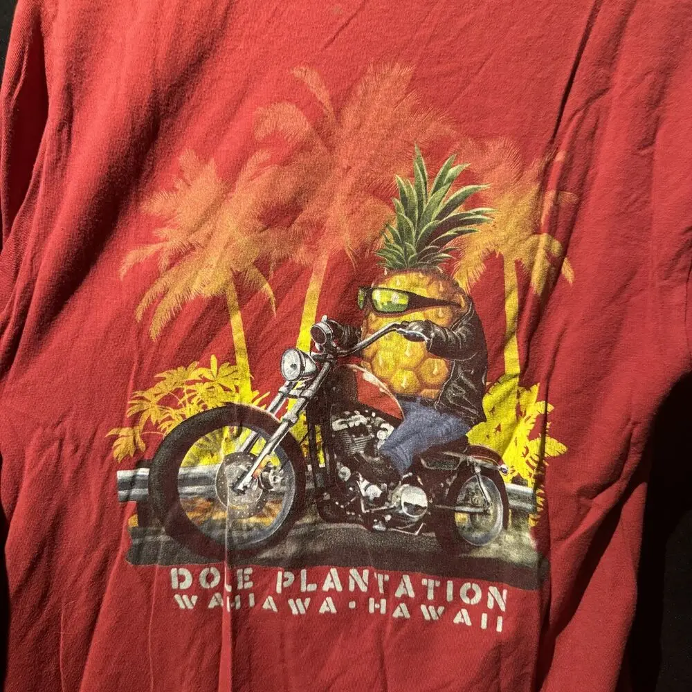 Dole Plantation Wahiawa Hawaii Shirt Sz s Red Pineapple Motorcycle Stained Flaws