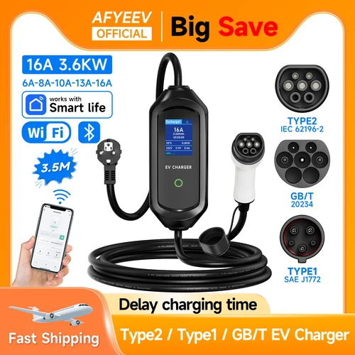 AFYEEV 3600W portátil Type2 IEC62196-2 EV cargador Type1 SAE J1772 cargador de coche eléctrico GBT EVSE Cable de carga Wallbox enchufe de la UE