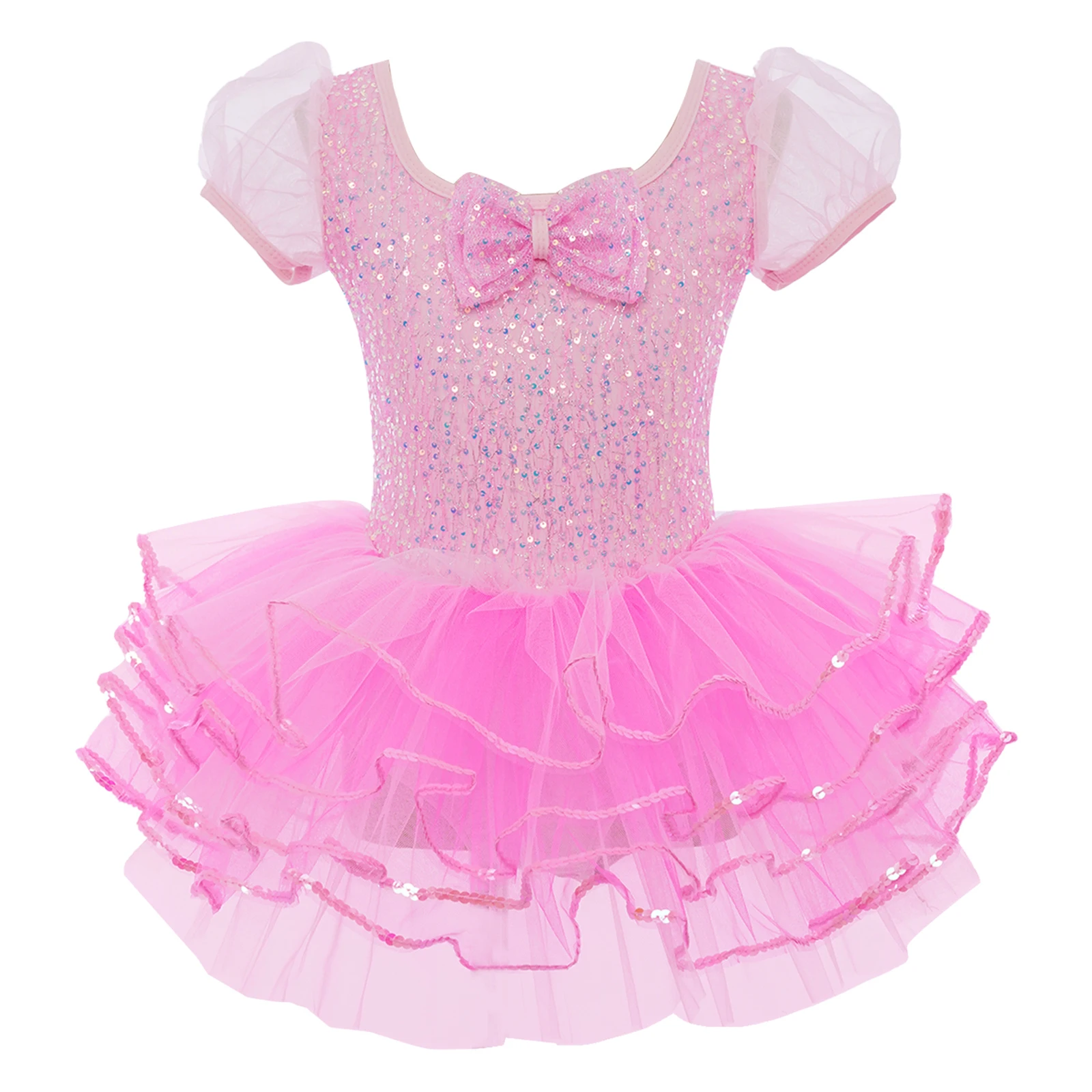 

Kids Girls Sequins Ballet Dance Dress Princess Dress Short Puff Sleeves Bowknot Tulle Tutu Dress Stage Performance Dancewear