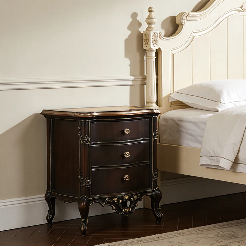 

!@Factory Custom Retro French Style Antique Storage Bedroom Bedside Table Mahogany Solid Wood Night Stand Gold Foil for Home Hot