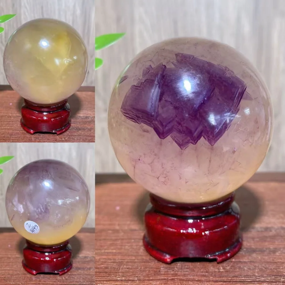 1PCS  Unique Natural Yellow Purple Fluorite Dreamy Sphere Stone Healing Crystal Reiki Energy Home Decor Ornaments Gift+Stand